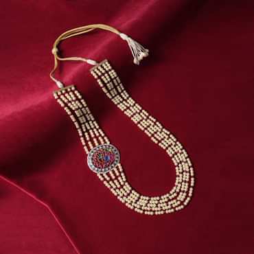 Multicolor Long Mala In Mix Metal With Pearls And Meenakari Motif