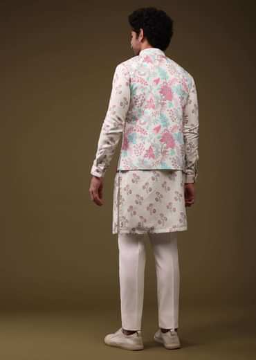 Multicolor Modern Floral Printed Jacket Kurta Set In Silk Multicolor Modern Floral Printed Jacket Kurta Set In Silk