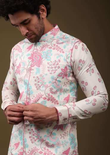 Multicolor Modern Floral Printed Jacket Kurta Set In Silk Multicolor Modern Floral Printed Jacket Kurta Set In Silk