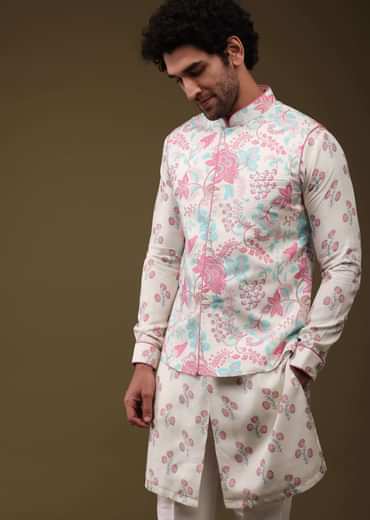 Multicolor Modern Floral Printed Jacket Kurta Set In Silk Multicolor Modern Floral Printed Jacket Kurta Set In Silk