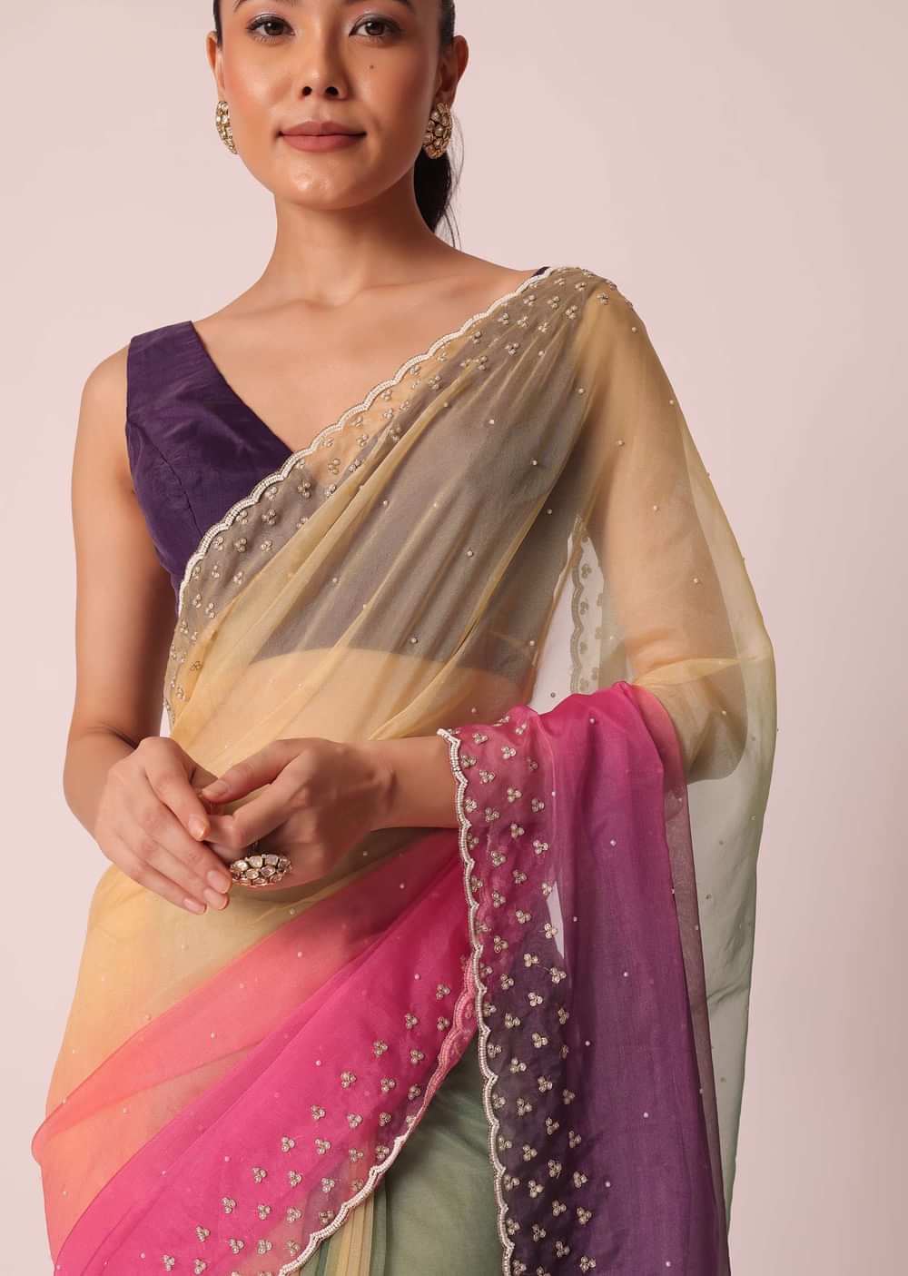 Multicolor Organza Ombre Saree With Scallop Border And Unstitched Blouse Piece