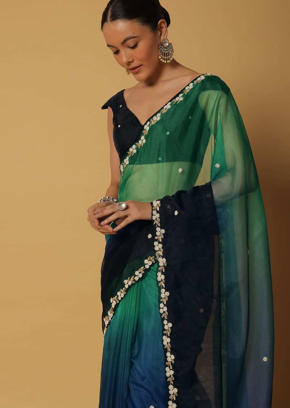 Multicolor Organza Saree With Bead Embellishments And Unstitched Blouse Fabric
