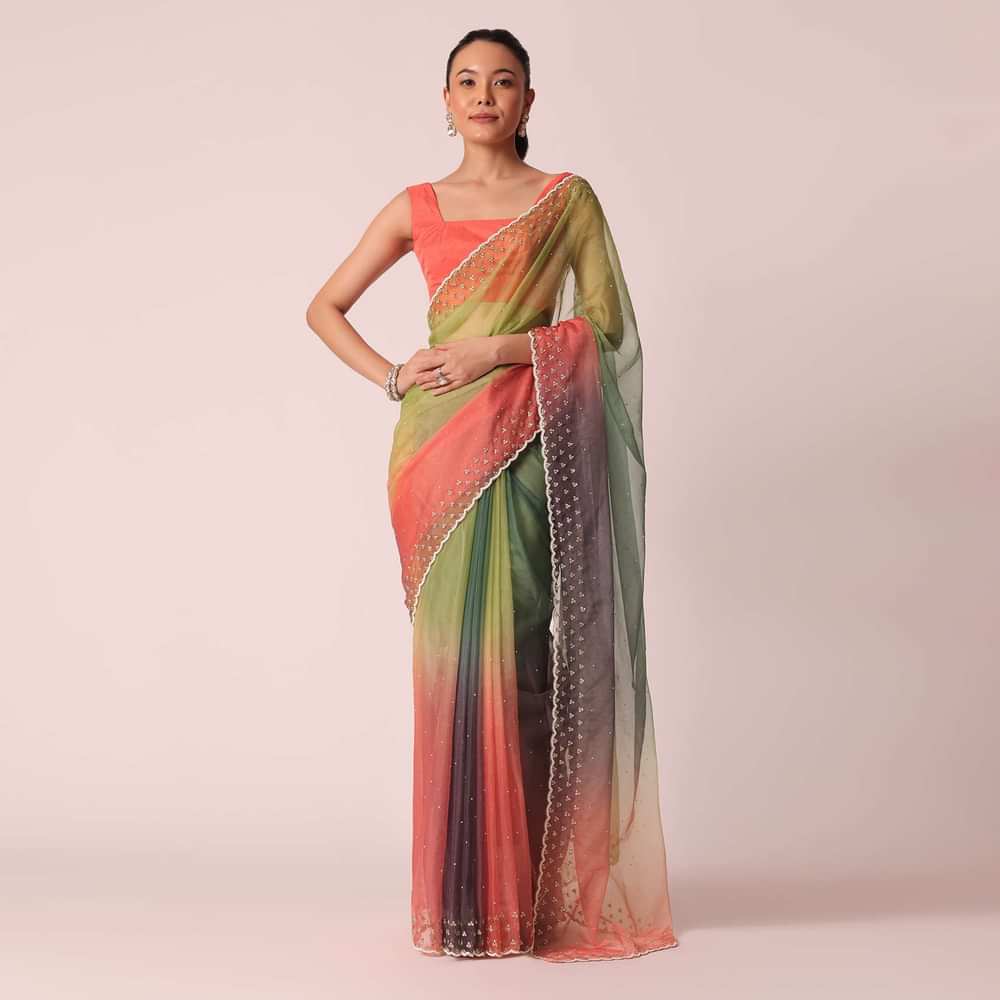 Multicolor Organza Saree With Cutdana Work And Unstitched Blouse Piece