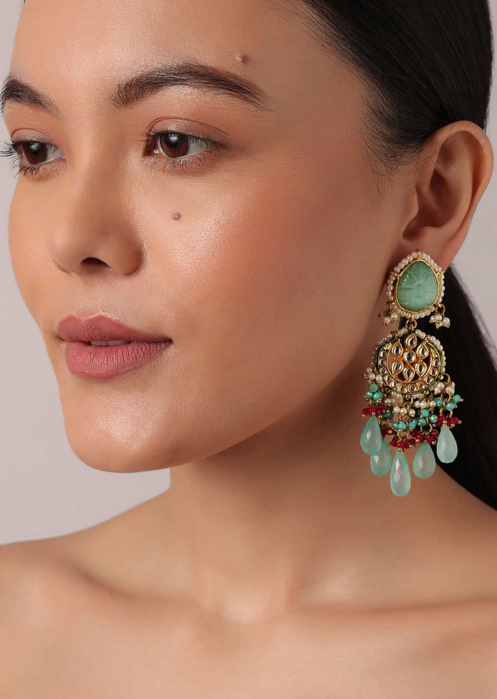 Multicolor Pendant Choker Set With Green Bead Drops And Meenakari Work