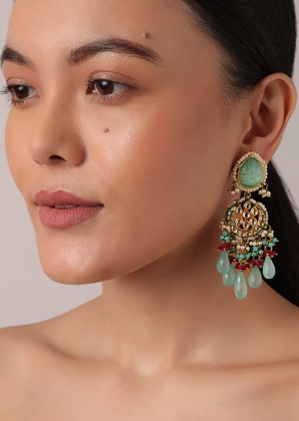 Multicolor Pendant Choker Set With Green Bead Drops And Meenakari Work Multicolor Pendant Choker Set With Green Bead Drops And Meenakari Work