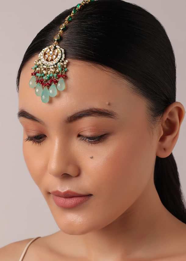 Multicolor Pendant Choker Set With Green Bead Drops And Meenakari Work Multicolor Pendant Choker Set With Green Bead Drops And Meenakari Work