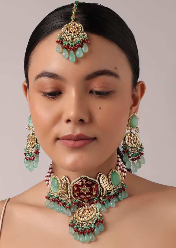 Multicolor Pendant Choker Set With Green Bead Drops And Meenakari Work Multicolor Pendant Choker Set With Green Bead Drops And Meenakari Work