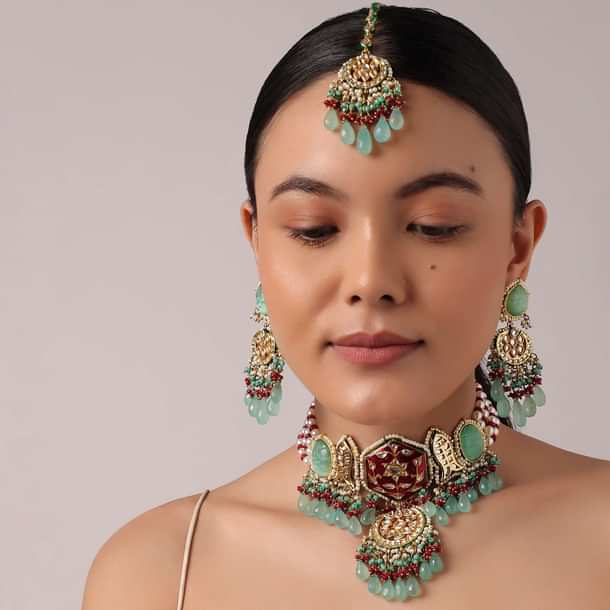 Multicolor Pendant Choker Set With Green Bead Drops And Meenakari Work Multicolor Pendant Choker Set With Green Bead Drops And Meenakari Work