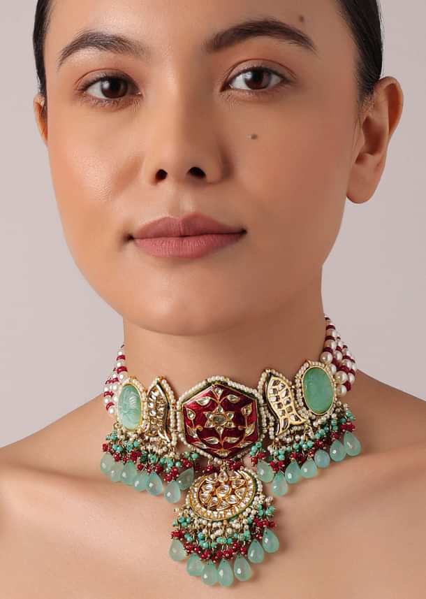 Multicolor Pendant Choker Set With Green Bead Drops And Meenakari Work Multicolor Pendant Choker Set With Green Bead Drops And Meenakari Work