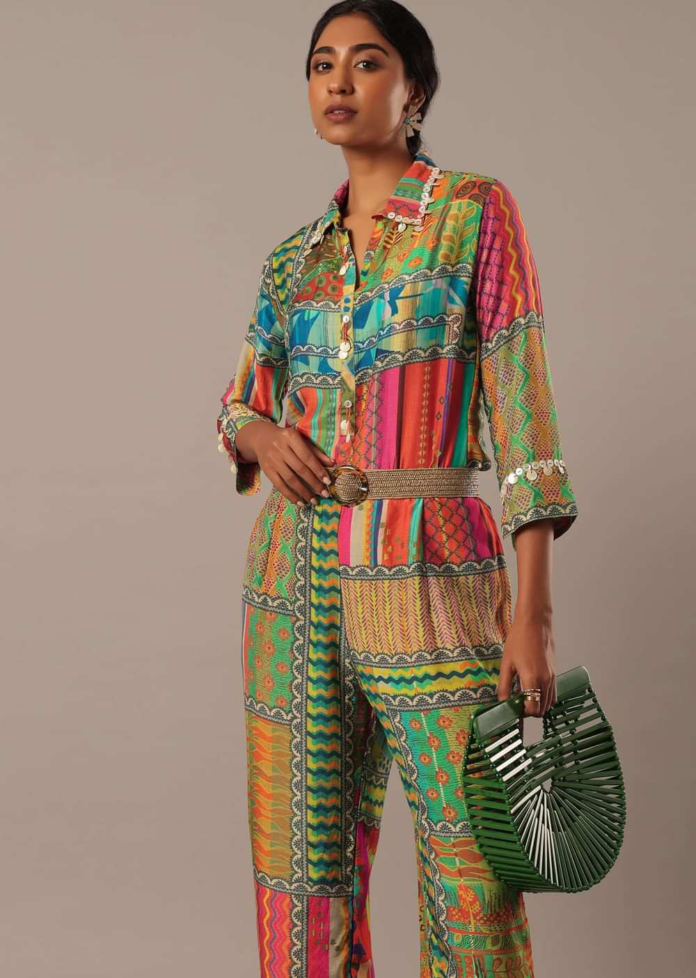 Multicolor Printed Shirt Kurta And Pant Set In Art Silk