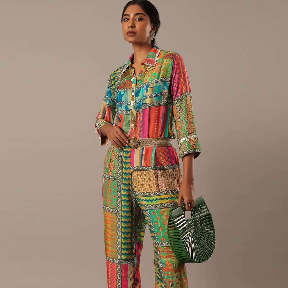 Multicolor Printed Shirt Kurta And Pant Set In Art Silk