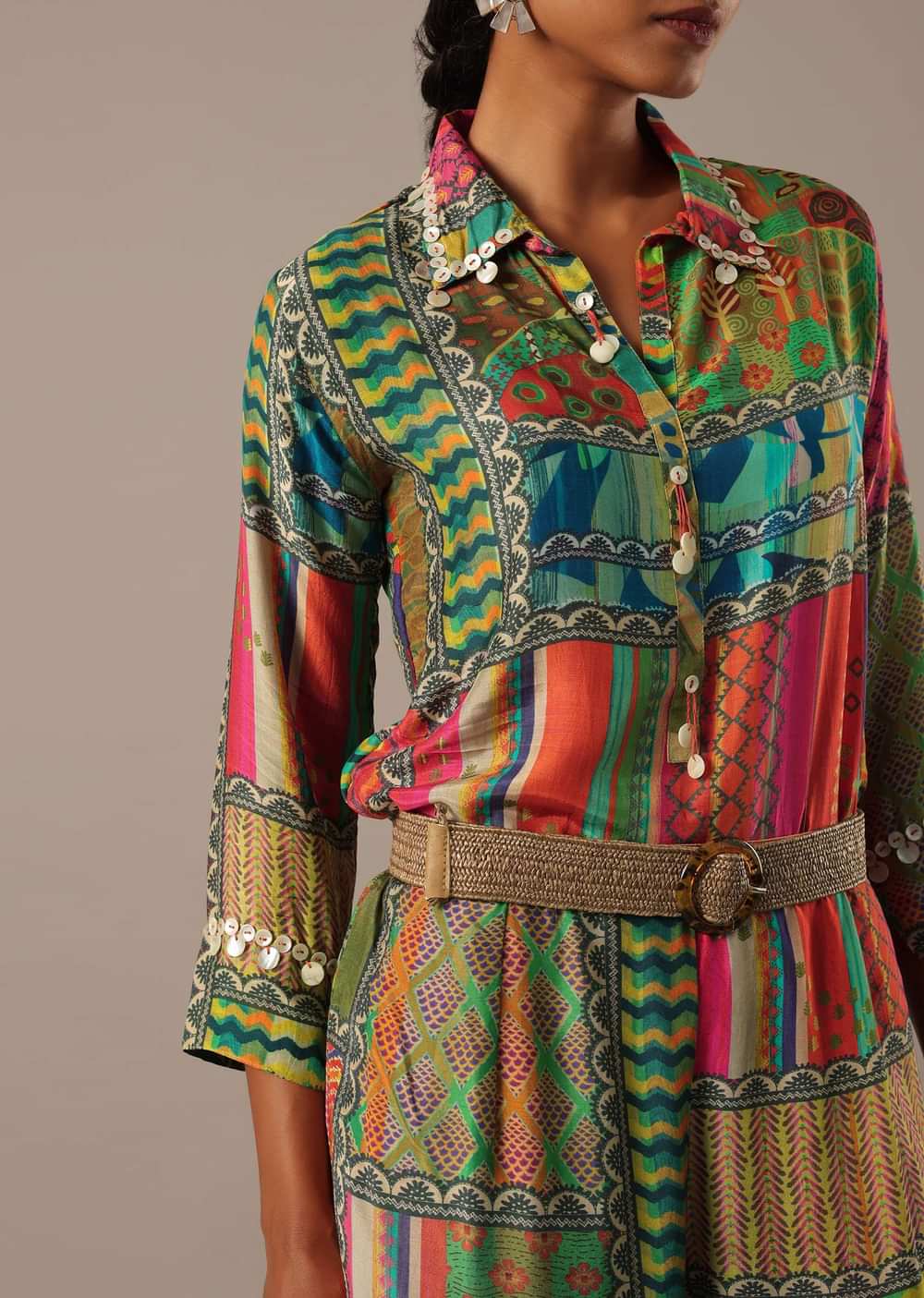 Multicolor Printed Shirt Kurta And Pant Set In Art Silk