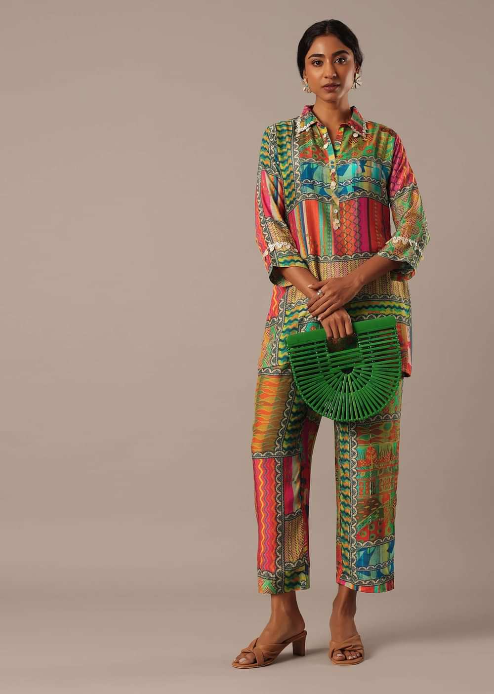 Multicolor Printed Shirt Kurta And Pant Set In Art Silk