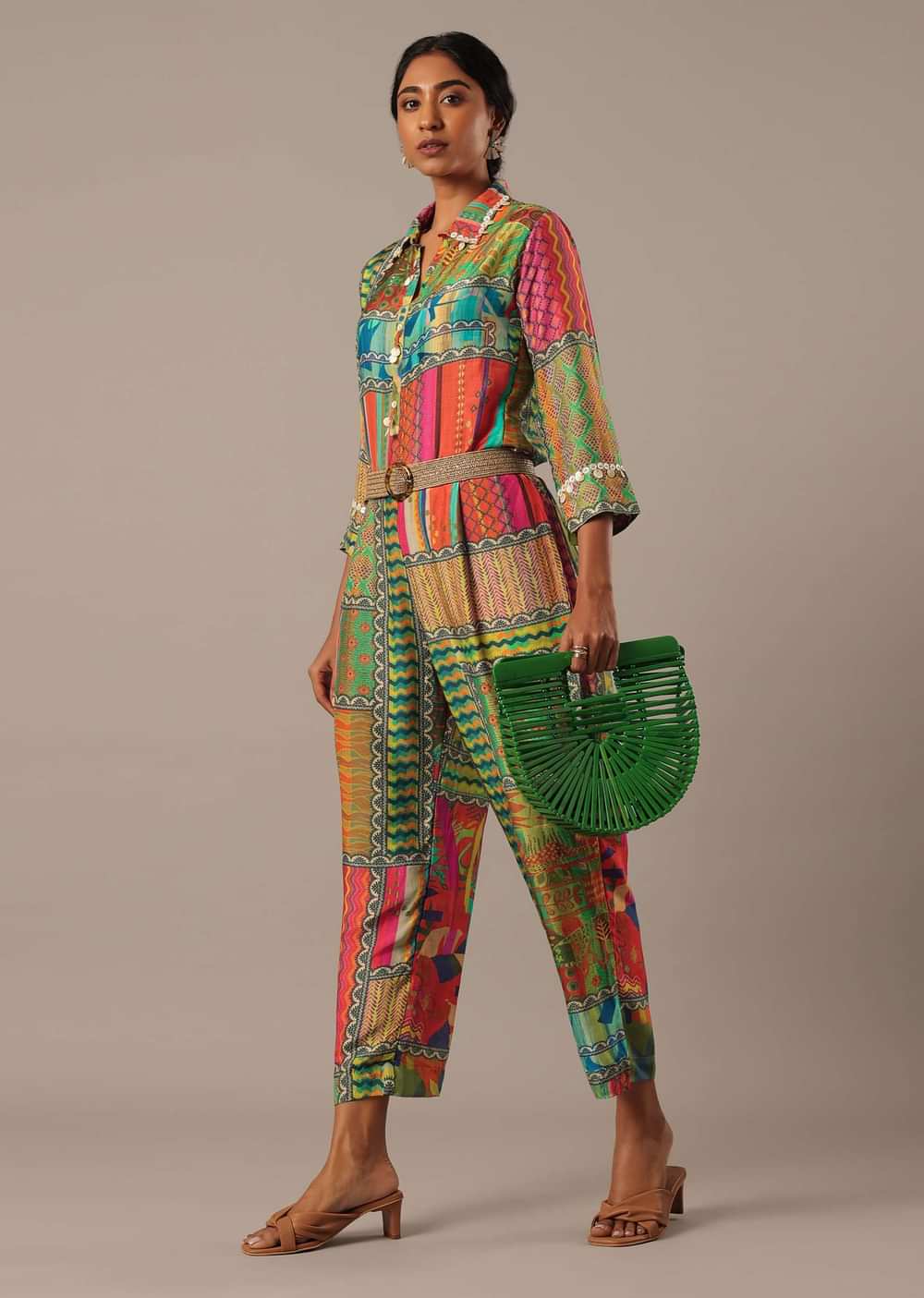 Multicolor Printed Shirt Kurta And Pant Set In Art Silk