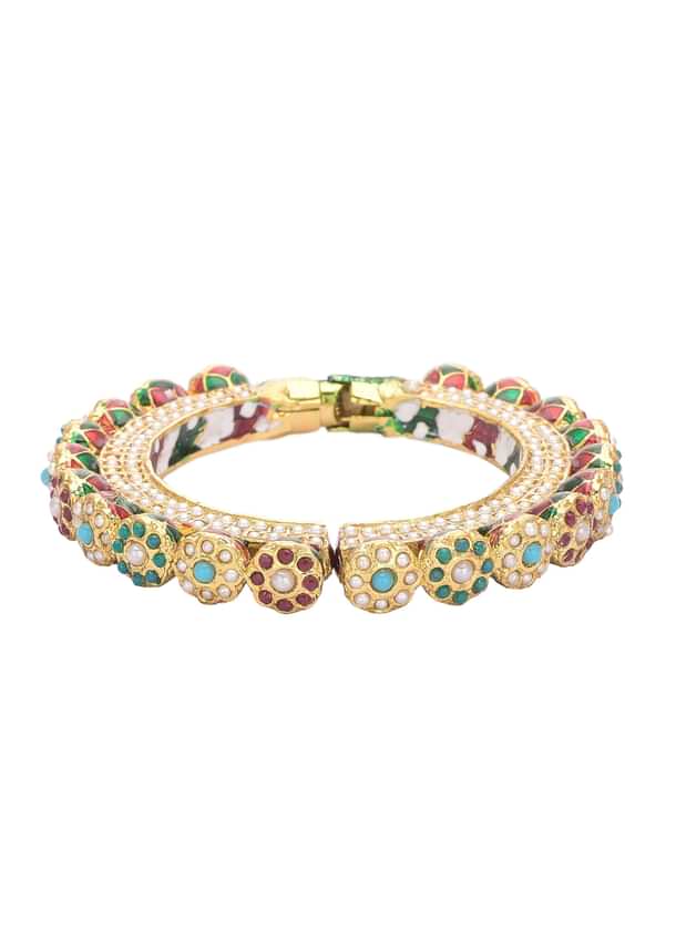 Multicolor Rajwadi Style Kada Bangle With Kundan And Meenakari Multicolor Rajwadi Style Kada Bangle With Kundan And Meenakari