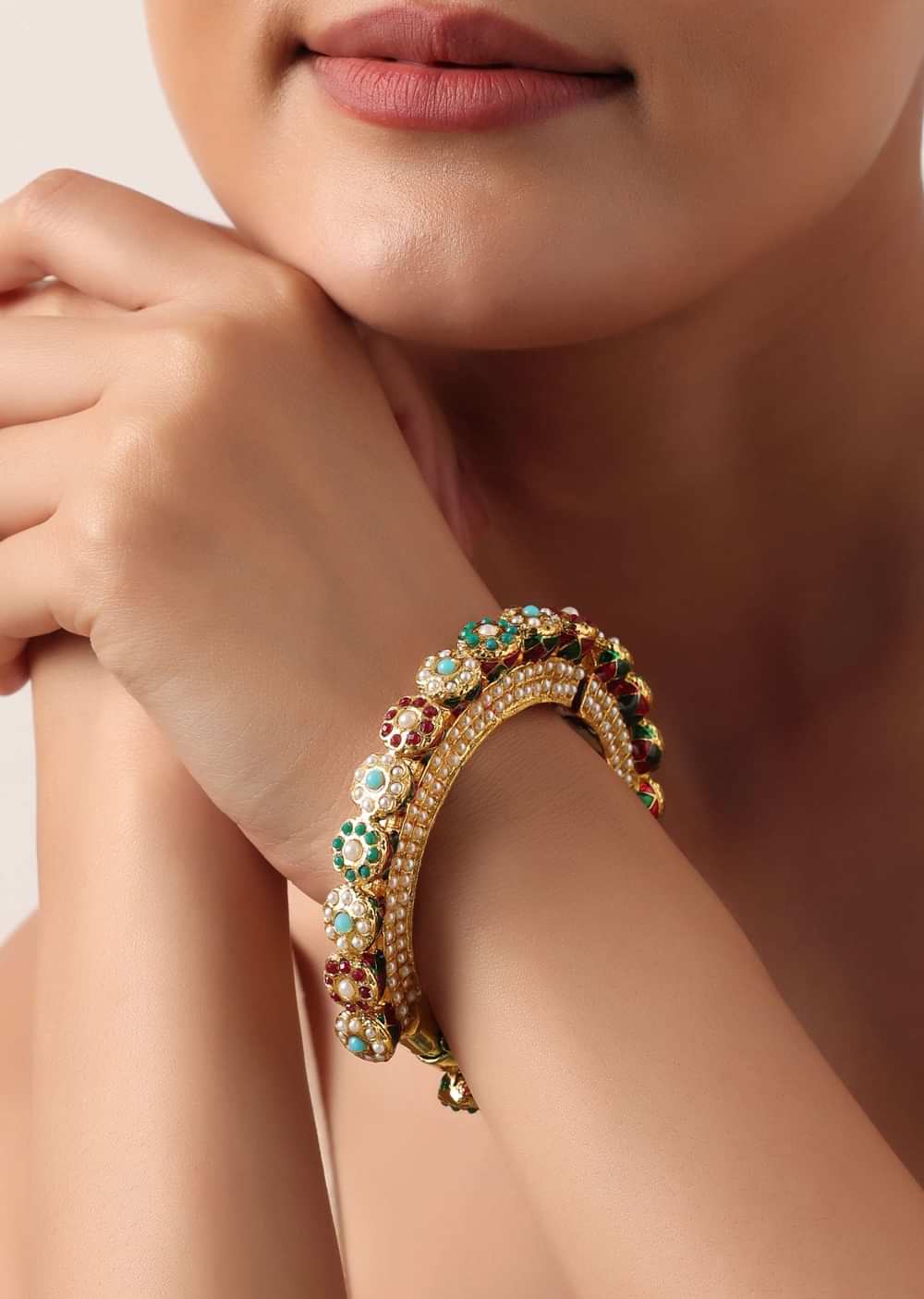Multicolor Rajwadi Style Kada Bangle With Kundan And Meenakari