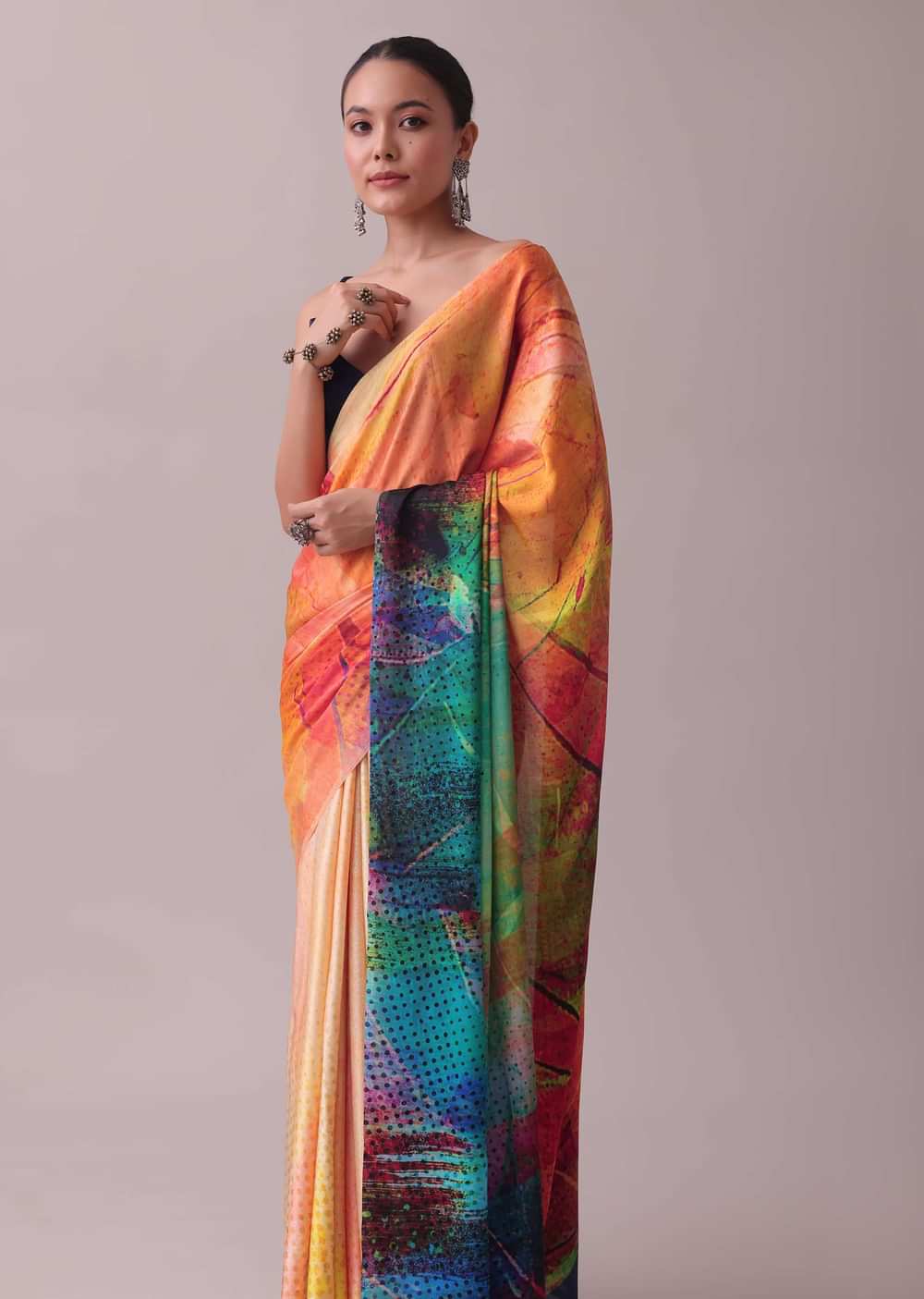 Multicolor Saree Fabricated In Satin With Abstract Print