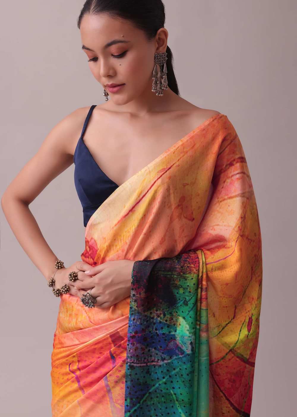 Multicolor Saree Fabricated In Satin With Abstract Print