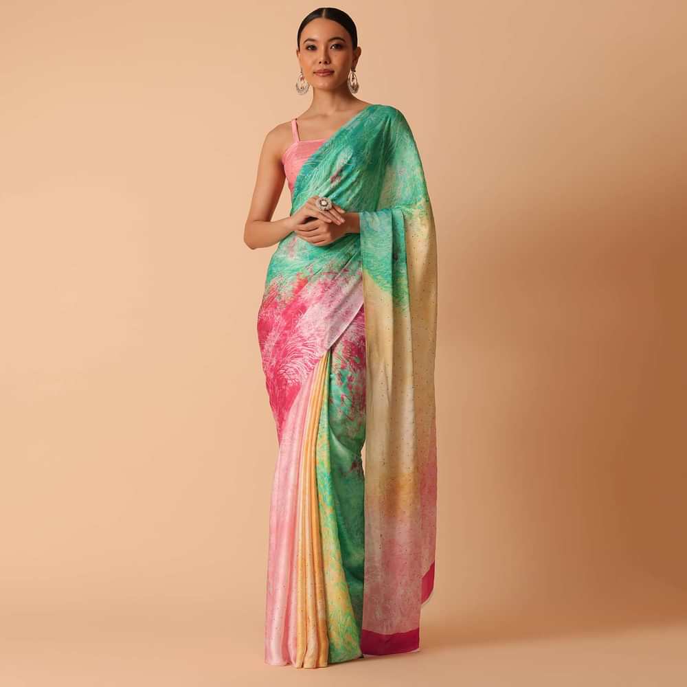 Multicolor Saree With Abstract Print And Unstitched Blouse Piece