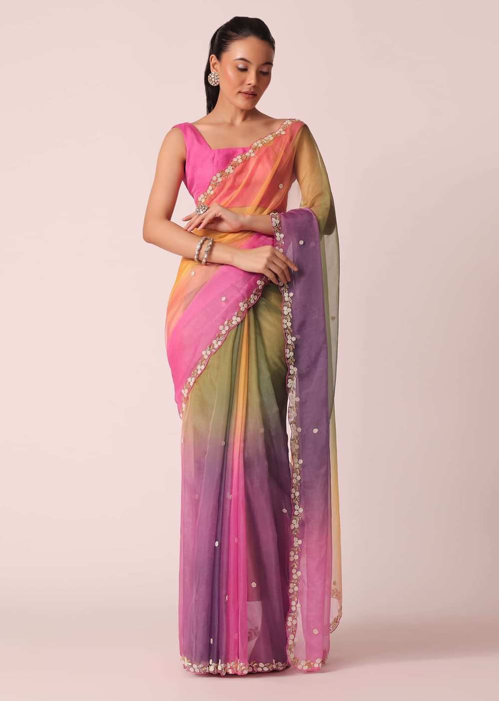 Multicolor Shaded Saree In Organza With Unstitched Blouse Piece