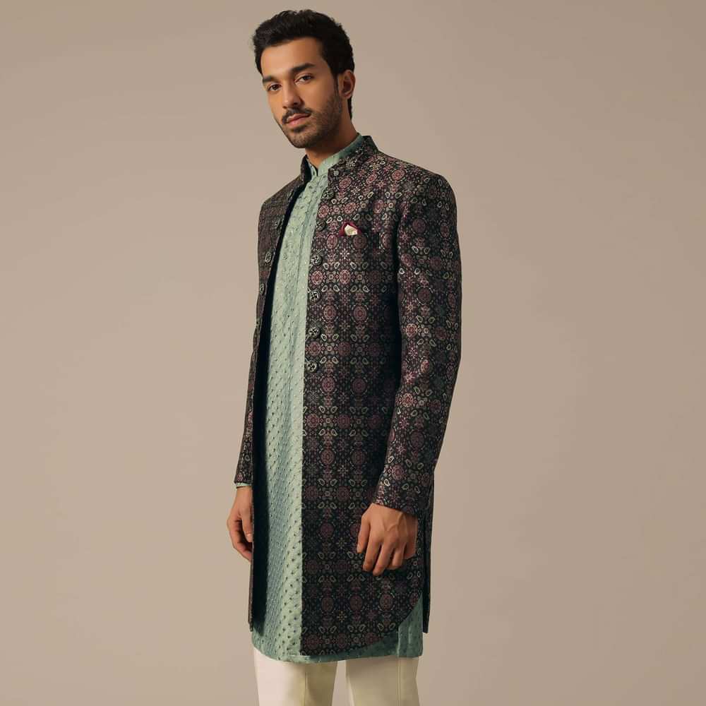 Multicolor Silk Jacquard Indowestern Set With Embroidered Detail