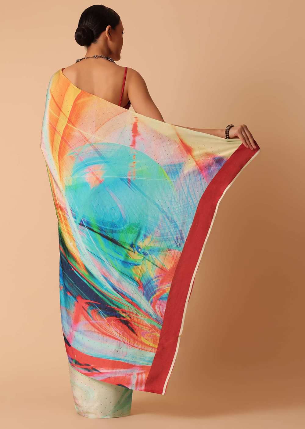 Multicolor Stone Embellished Saree With Abstract Print And Unstitched Blouse Piece