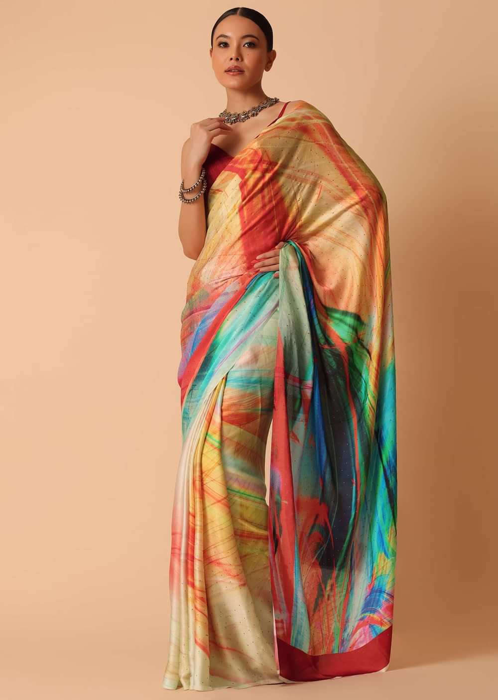 Multicolor Stone Embellished Saree With Abstract Print And Unstitched Blouse Piece