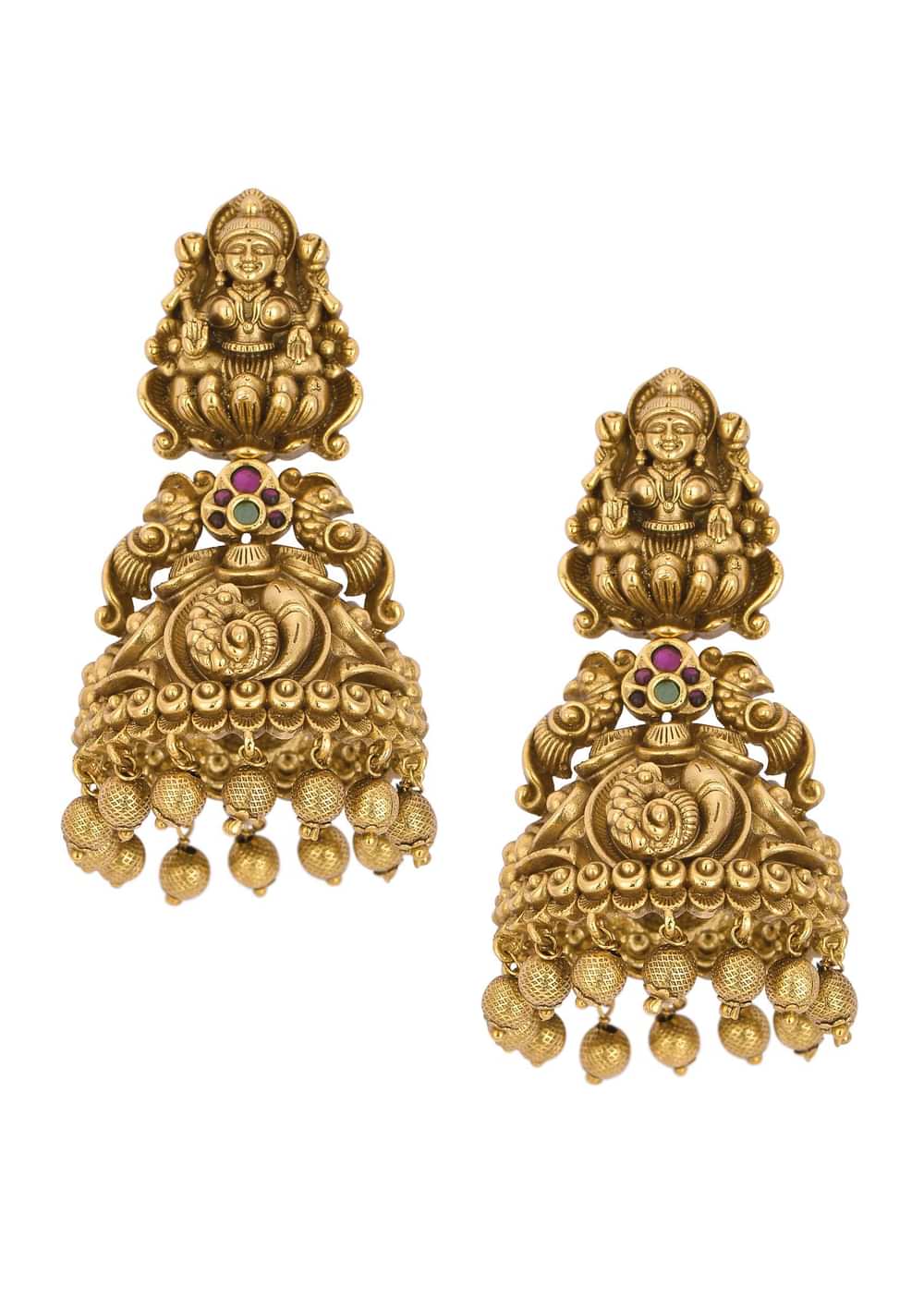 Multicolor Temple Carved Kundan Jhumkas
