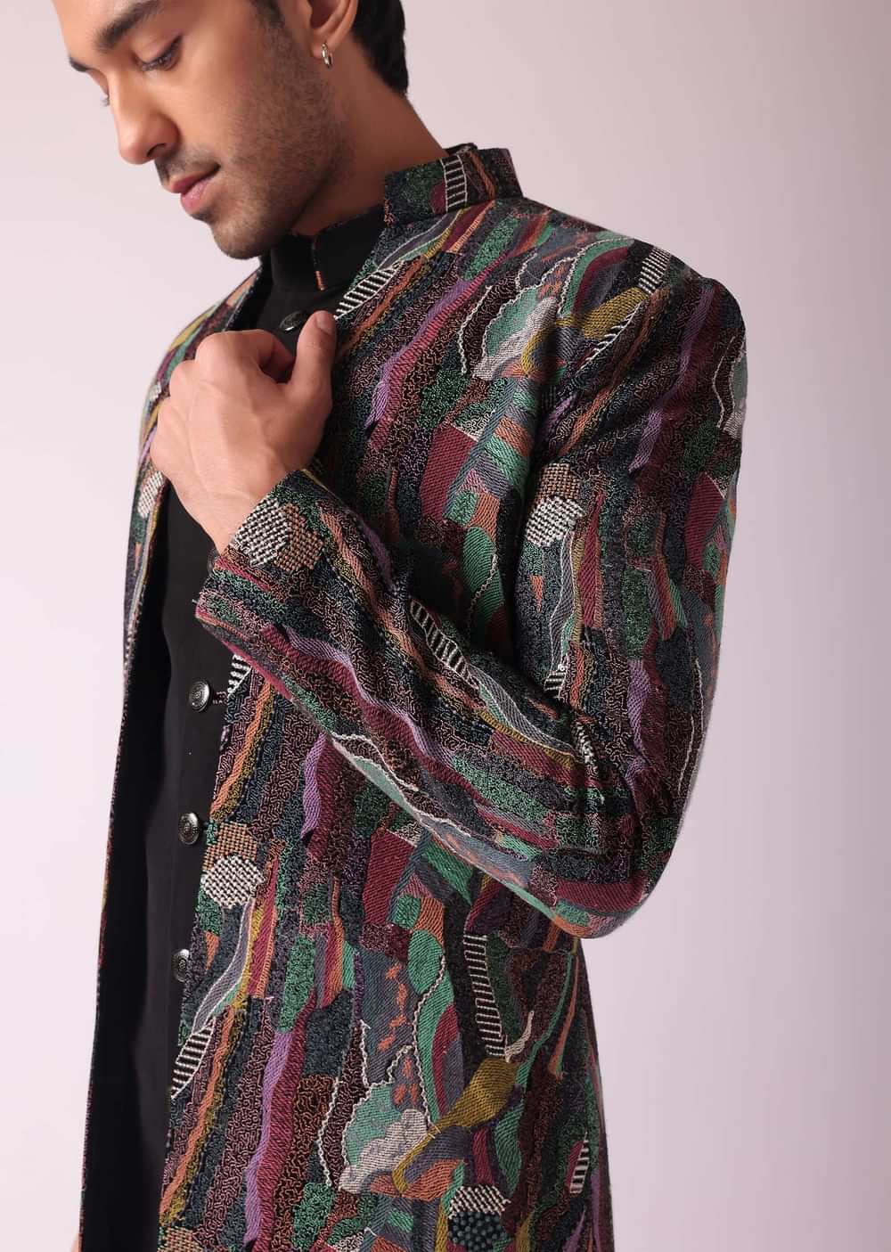 Multicolor Textured Indowestern In Velvet