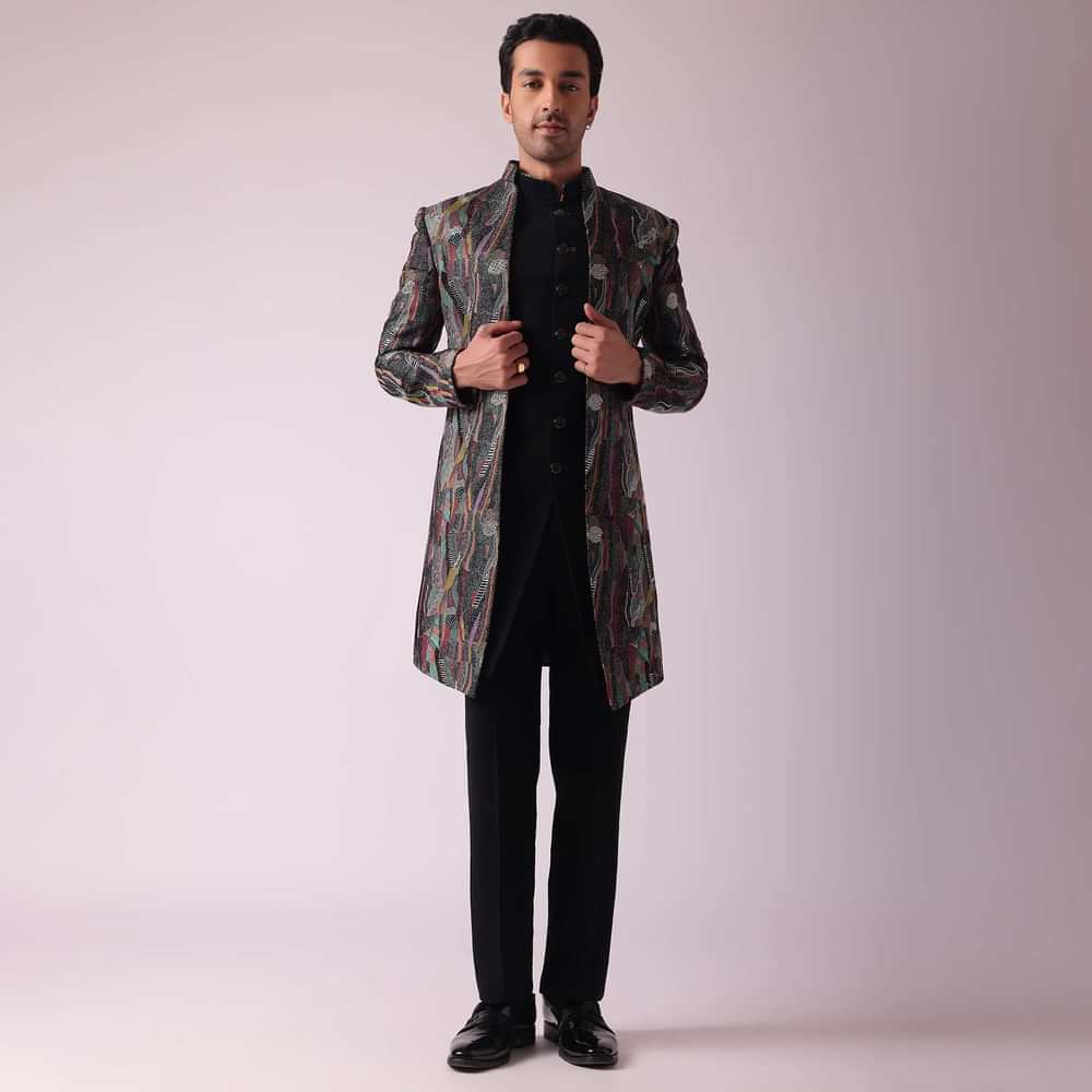 Multicolor Textured Indowestern In Velvet