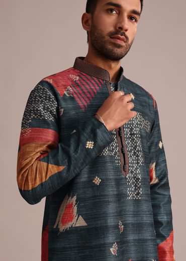 Multicolor Tussar Silk Printed Kurta Set