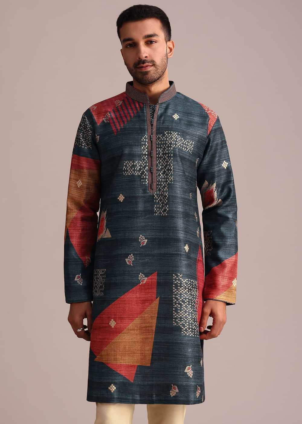 Multicolor Tussar Silk Printed Kurta Set