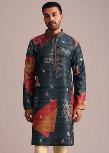 Multicolor Tussar Silk Printed Kurta Set
