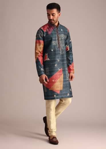 Multicolor Tussar Silk Printed Kurta Set