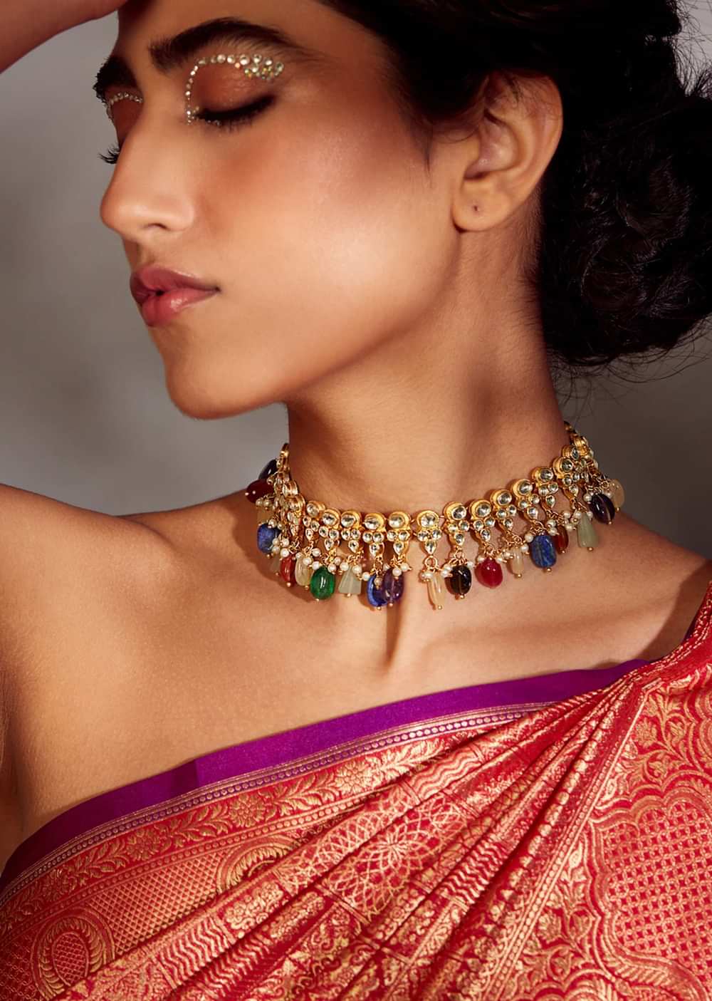 Multicolored Navrattan Kundan Necklace In 22k Gold-Plated Silver Alloy