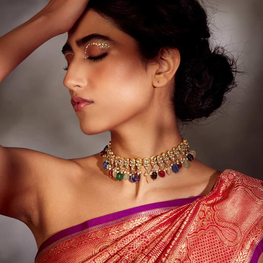 Multicolored Navrattan Kundan Necklace In 22k Gold-Plated Silver Alloy