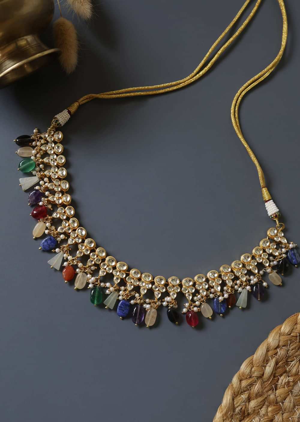 Multicolored Navrattan Kundan Necklace In 22k Gold-Plated Silver Alloy