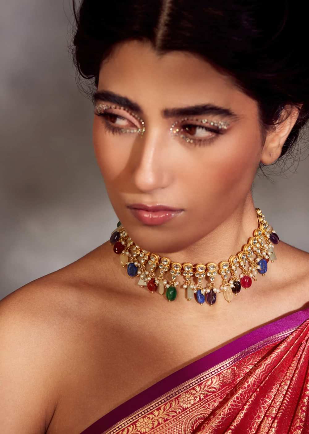 Multicolored Navrattan Kundan Necklace In 22k Gold-Plated Silver Alloy