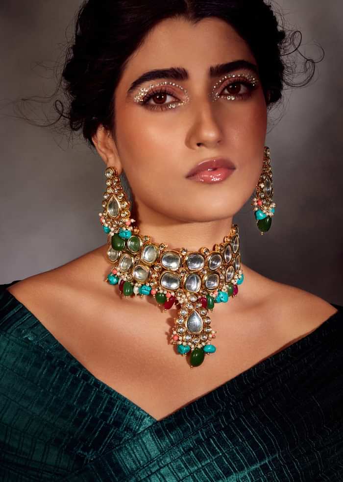 Multicolored Navrattan Polki Choker Necklace Set In Silver Alloy