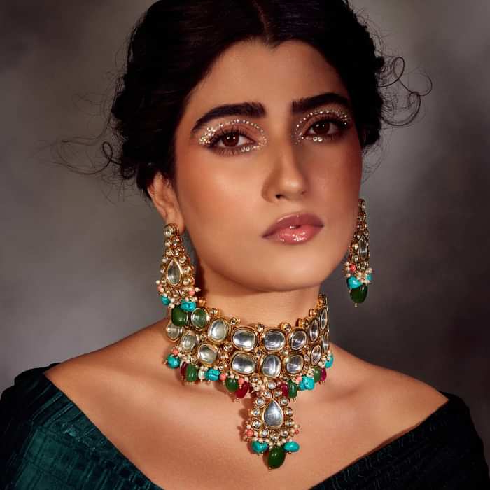 Multicolored Navrattan Polki Choker Necklace Set In Silver Alloy