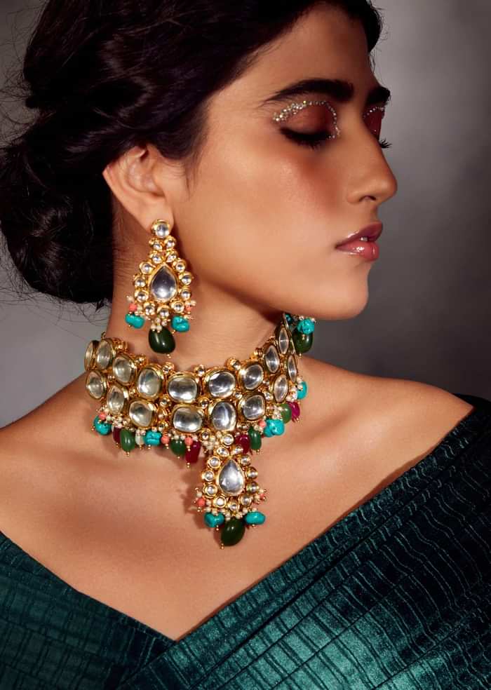 Multicolored Navrattan Polki Choker Necklace Set In Silver Alloy