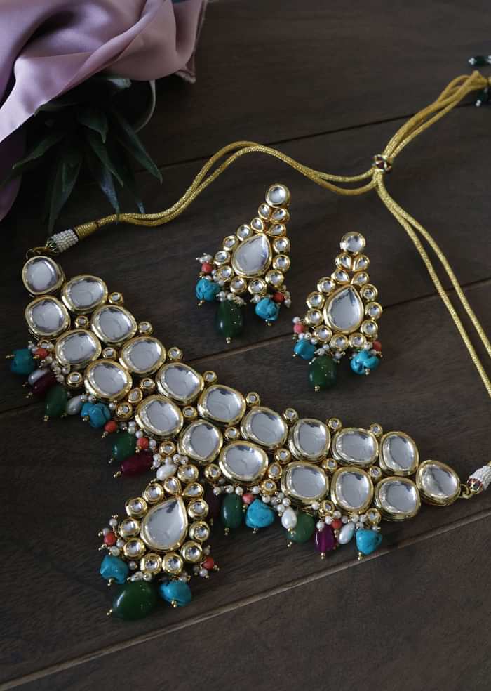 Multicolored Navrattan Polki Choker Necklace Set In Silver Alloy