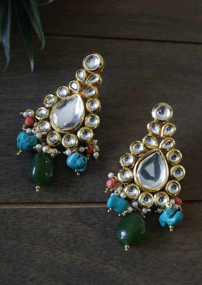 Multicolored Navrattan Polki Choker Necklace Set In Silver Alloy