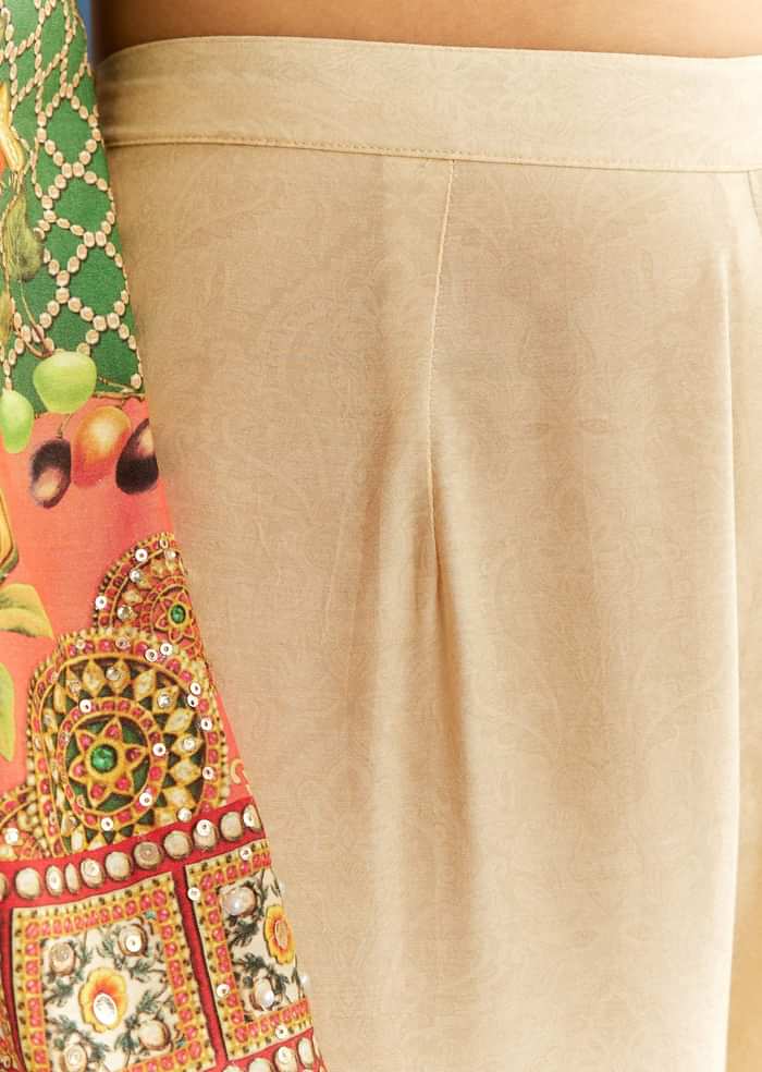 Multicolour Cotton Muslin Printed Kurta With A Line Cut And Printed Palazzo