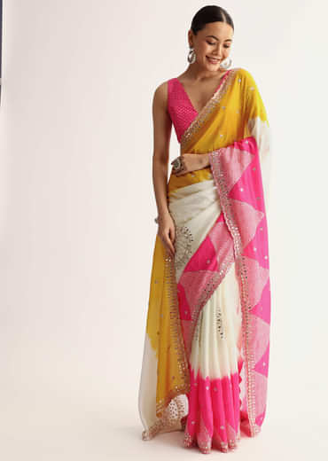 Multicolour Georgette Printed Saree With Gotta Patti Zari Embroidery