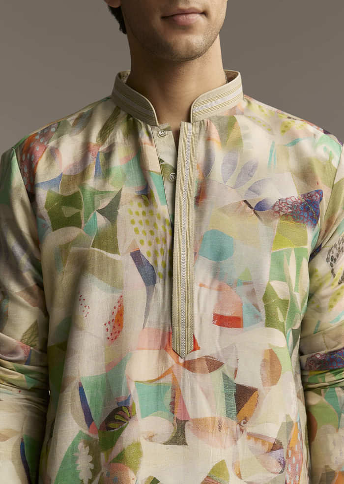 Multicolour Silk Kurta Set For Men With Abstract Geometric Print