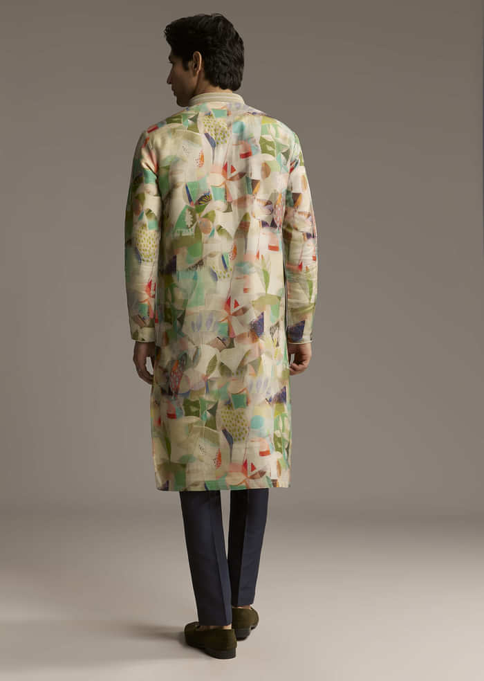 Multicolour Silk Kurta Set For Men With Abstract Geometric Print