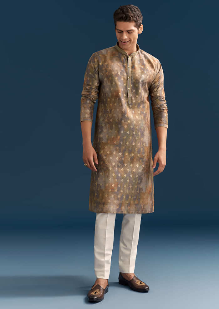 Multicolour Silk Printed Kurta Set For Men With Foil Butti Work
