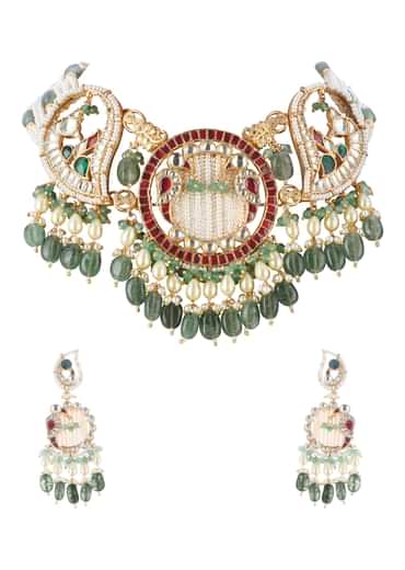 Multicolour Choker Set With Kundan Work In Mix Metal