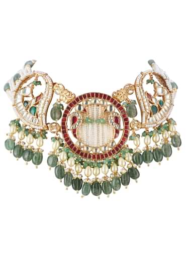 Multicolour Choker Set With Kundan Work In Mix Metal